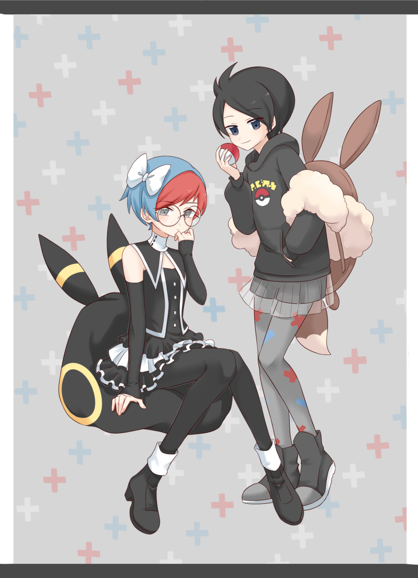 2girls, absurdres, backpack, bag, bean_bag_chair, black_hair, black_hoodie, black_pantyhose