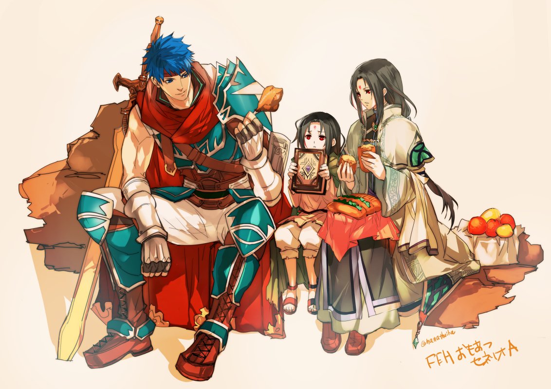 3boys, aged_down, blue_hair, book, brown_footwear, facial_mark, fire_emblem, fire_emblem:_radiant_dawn