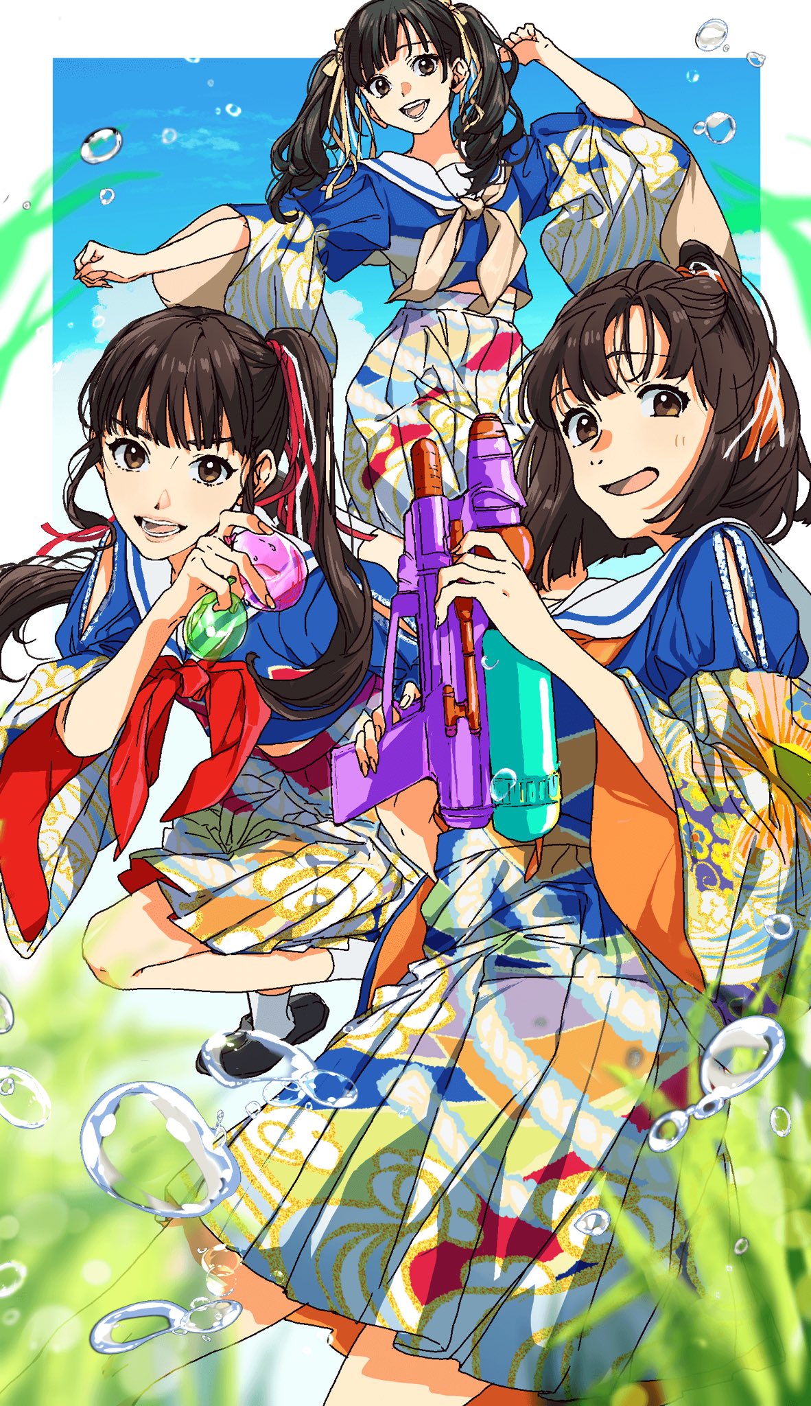 3girls, copyright_request, furisode, hair_ornament, highres, isobeyou, japanese_clothes, kimono