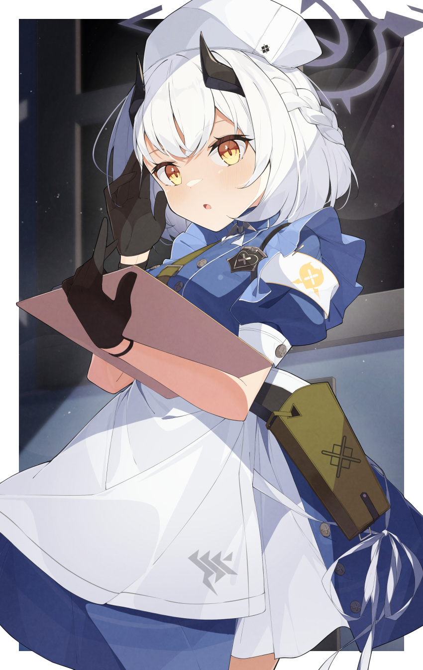 1girl, absurdres, applepie_1201, black_gloves, blue_archive, demon_horns, gloves, halo