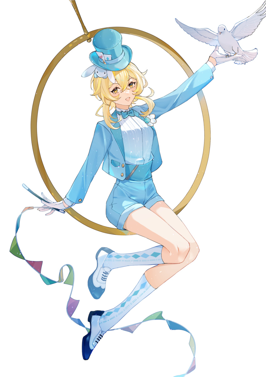 1girl, alternate_costume, animal_on_head, argyle_socks, arm_up, bird, bird_on_hand, blonde_hair