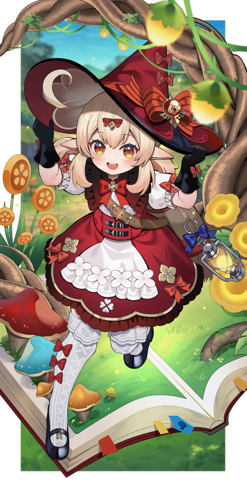 1girl, :d, absurdres, black_gloves, blonde_hair, book, bow, bowtie
