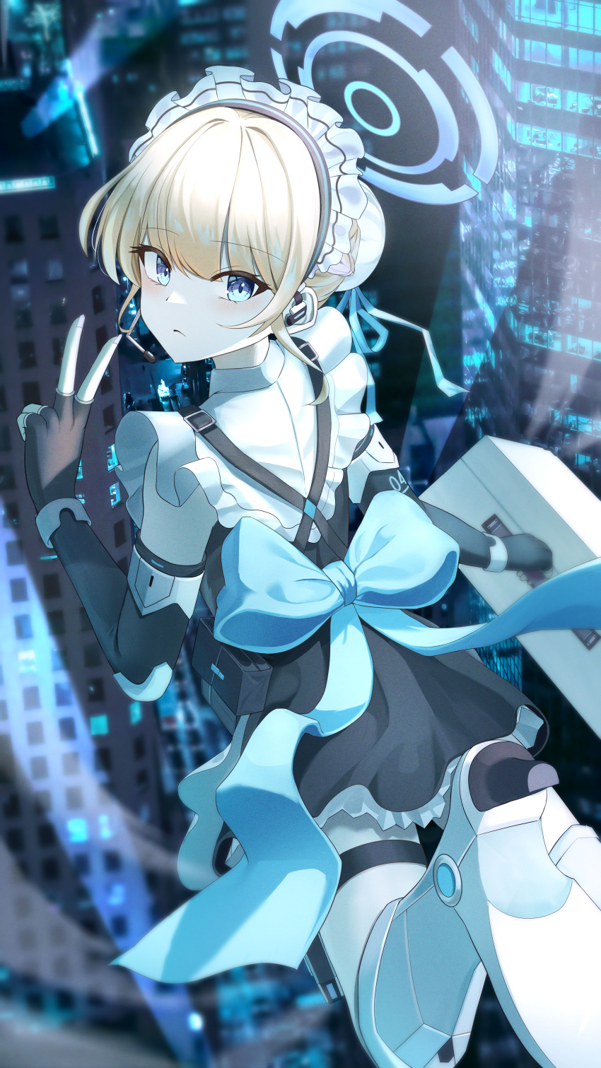 1girl, absurdres, apron, arch_a4, back_bow, black_dress, black_gloves, blonde_hair