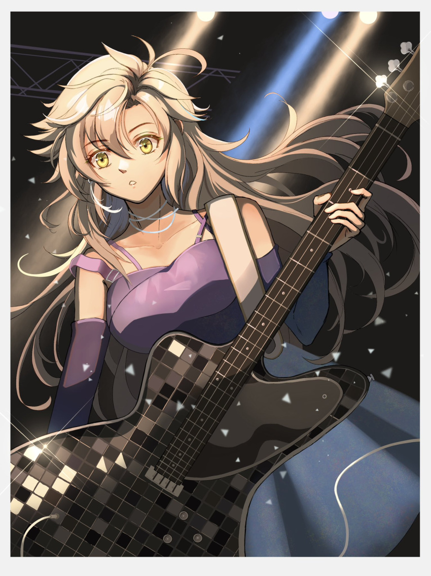 1girl, ahoge, curtained_hair, dress, eiyuu_densetsu, elbow_gloves, electric_guitar, fie_claussell