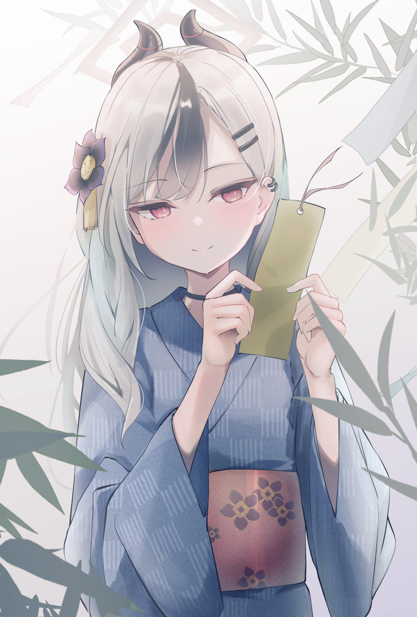 1girl, absurdres, alternate_costume, black_choker, black_hair, black_horns, blue_archive, blue_kimono, choker, closed_mouth, commentary_request, earclip, facing_viewer, flower, hair_flower, hair_ornament, hands_up, highres, holding, horns, japanese_clothes, kayoko_(blue_archive), kimono, long_hair, long_sleeves, looking_at_object, multicolored_hair, nanahoshi_teru, obi, pink_eyes, purple_flower, sash, smile, solo, standing, tanabata, two-tone_hair, upper_body, white_hair, wide_sleeves, yukata