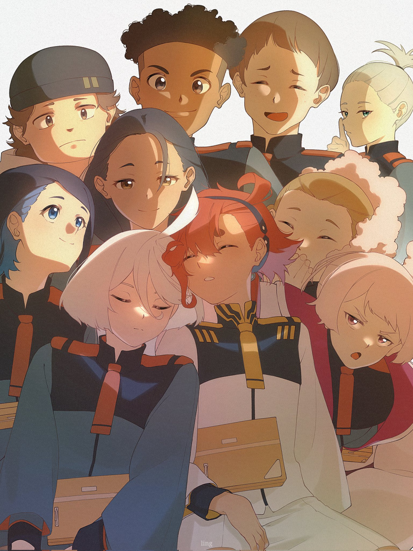 4boys, 6+girls, afro, afro_puffs, ahoge, aliya_mahvash, asticassia_school_uniform, beanie
