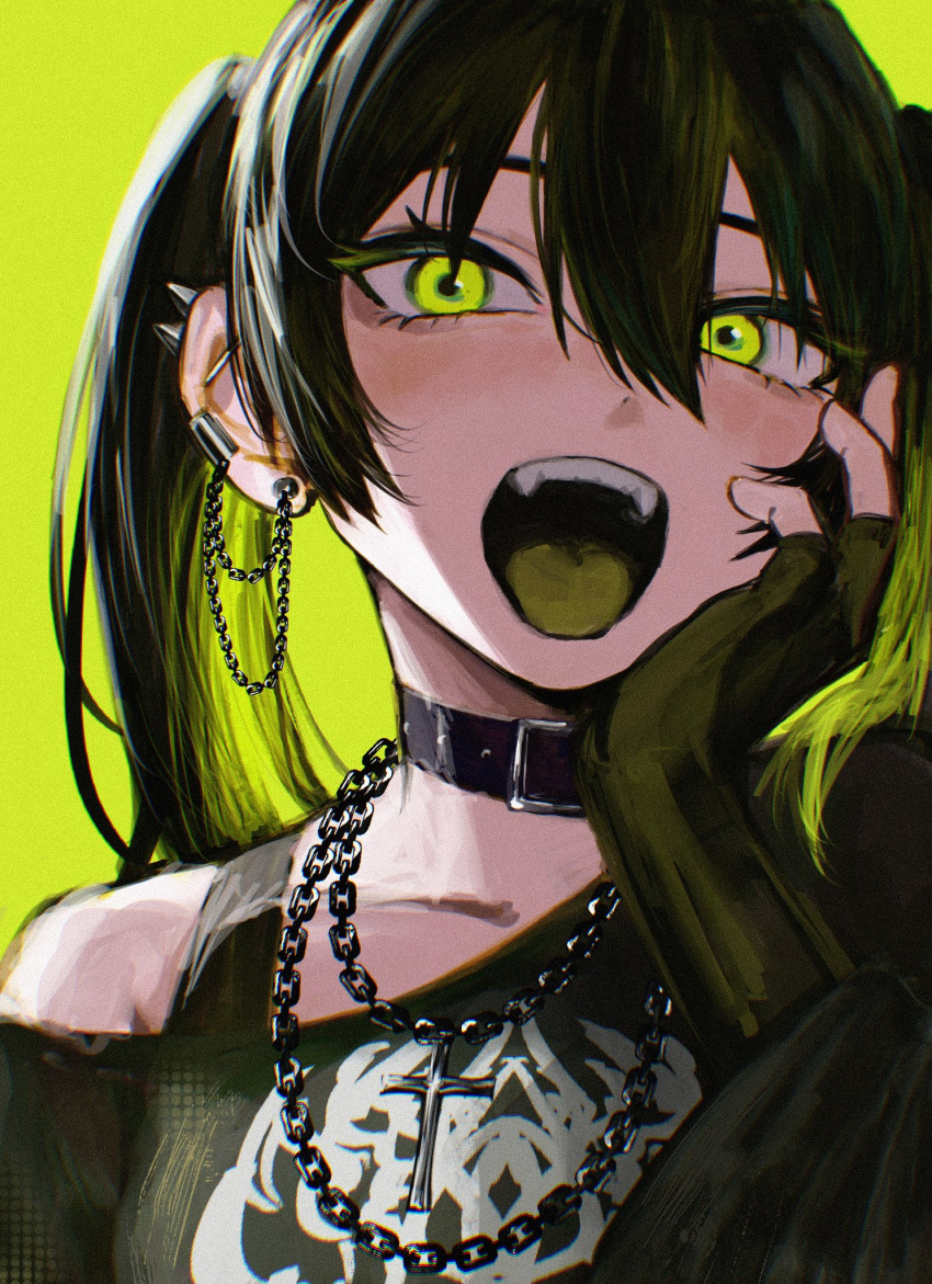1girl, barbell_piercing, belt_buckle, buckle, chain, collar, collarbone, fangs