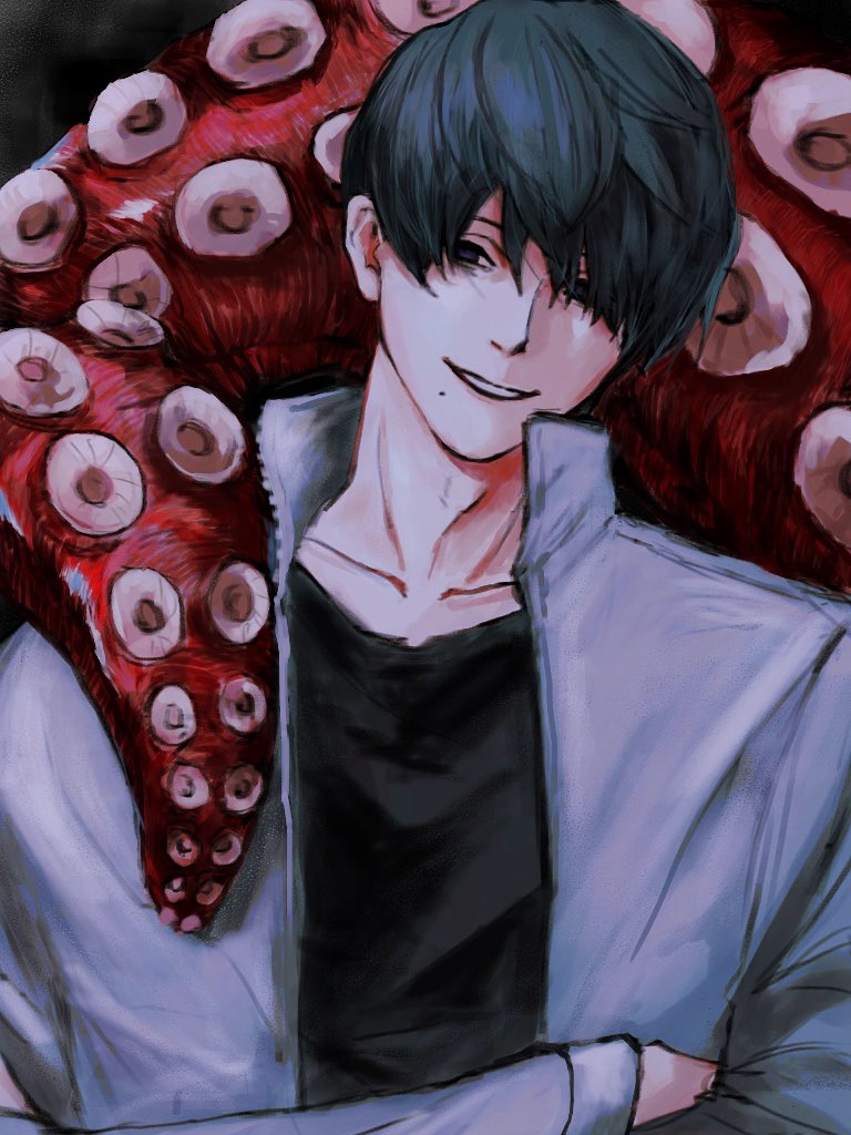 1boy, black_eyes, black_hair, black_shirt, chainsaw_man, crossed_arms, facing_viewer, hair_between_eyes