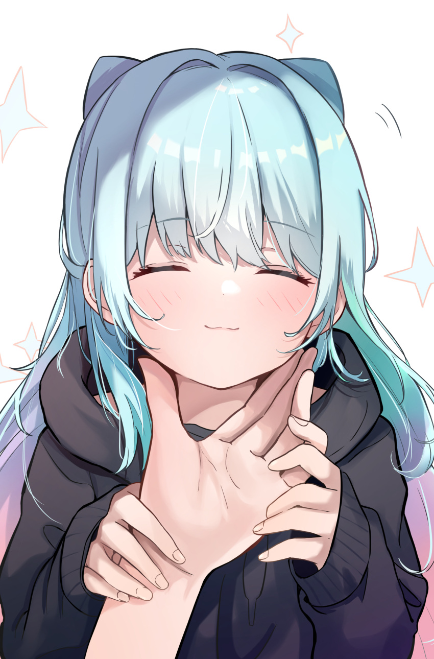 absurdres, black_hood, blue_hair, chestnut_mouth, closed_eyes, ganbauruwa, hair_ears, highres, monster_strike, neo_(monster_strike), sidelocks, star_(symbol), tickling