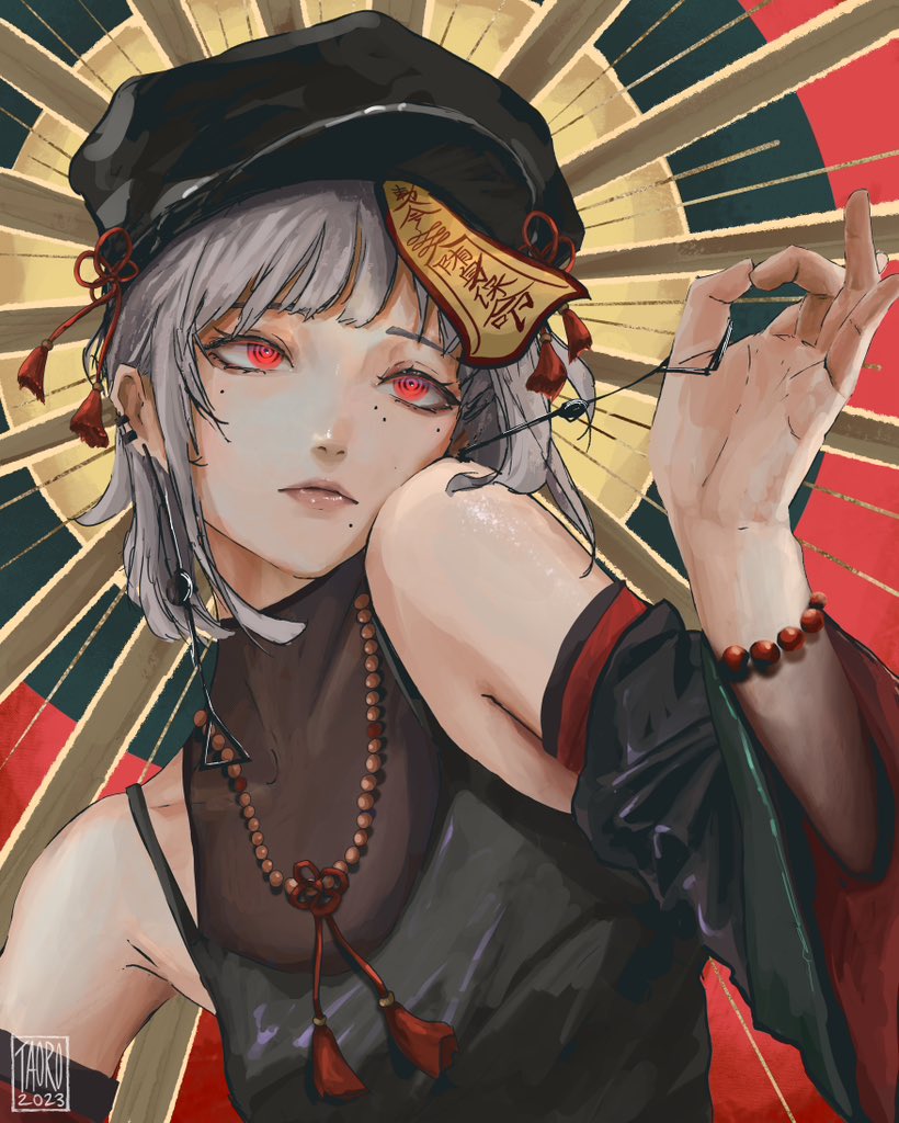 1girl, @_@, artist_name, bare_shoulders, bead_bracelet, bead_necklace, beads, blunt_bangs, bracelet, cabbie_hat, chainsaw_man, cheek-to-shoulder, ear_piercing, earrings, fami_(chainsaw_man), grey_hair, hat, jewelry, lips, medium_hair, mole, mole_under_eye, necklace, piercing, red_eyes, solo, taorotana, upper_body