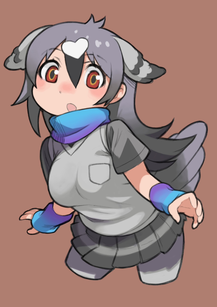 1girl, bird_girl, bird_tail, bird_wings, brown_background, brown_eyes, cardigan, feathered_wings