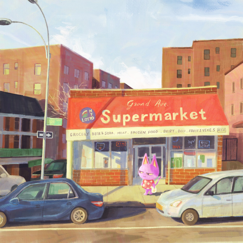 animal_crossing, bag, black_eyes, blue_sky, bob_(animal_crossing), building, car, closed_mouth