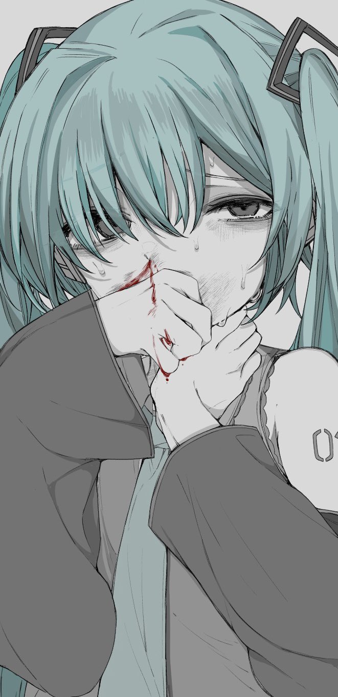 1girl, abuse, bags_under_eyes, bare_shoulders, blood, blood_on_face, blood_on_hands, blue_hair, blue_necktie, bruise, collared_shirt, detached_sleeves, empty_eyes, frilled_shirt, frills, grey_background, hair_intakes, hair_ornament, hair_over_one_eye, half-closed_eyes, hand_on_own_neck, hands_up, hatsune_miku, highres, injury, long_sleeves, looking_at_viewer, mushoku_loli, muted_color, necktie, nosebleed, number_tattoo, partially_colored, sad, shirt, simple_background, sleeves_past_wrists, solo, sweatdrop, tattoo, twintails, vocaloid, wide_sleeves, wiping_blood, wiping_nosebleed