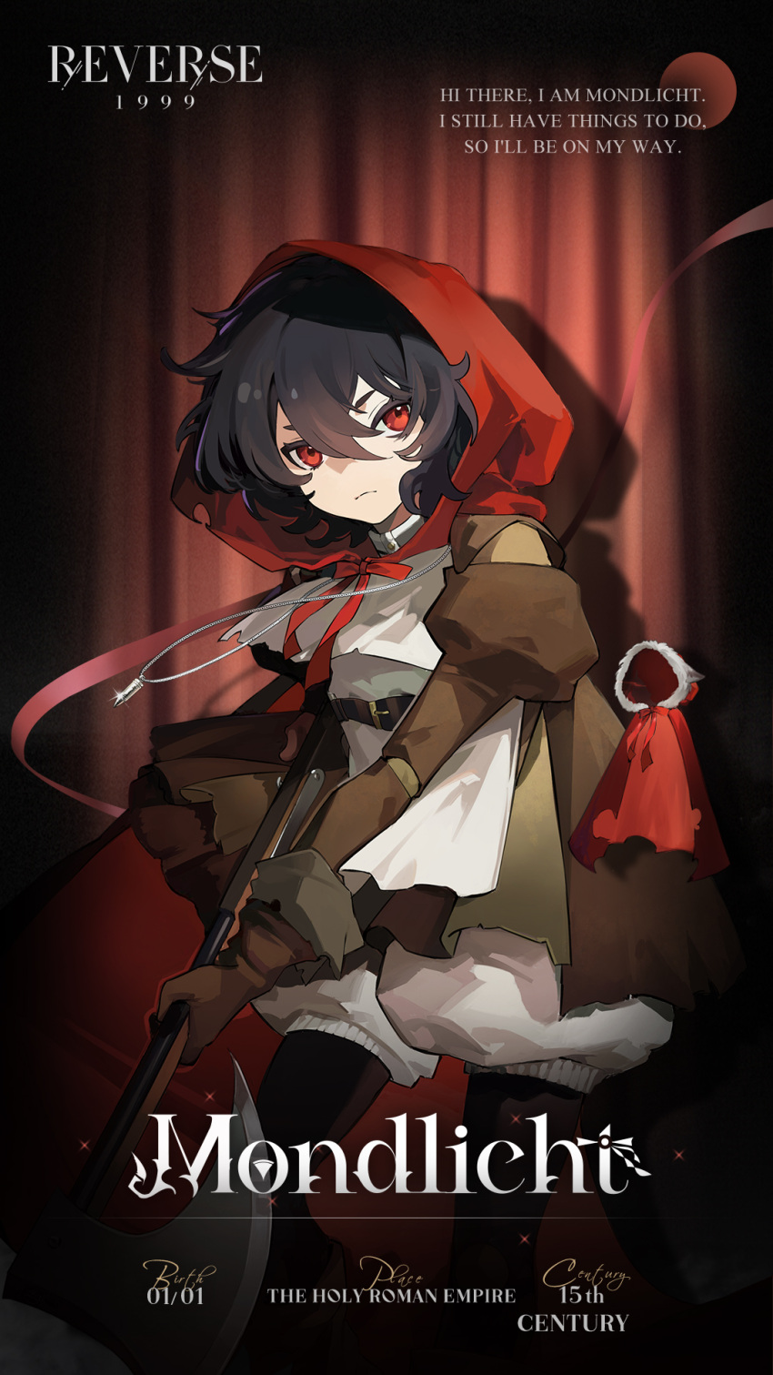 1girl, apron, axe, black_hair, black_pantyhose, brown_dress, brown_gloves, bullet
