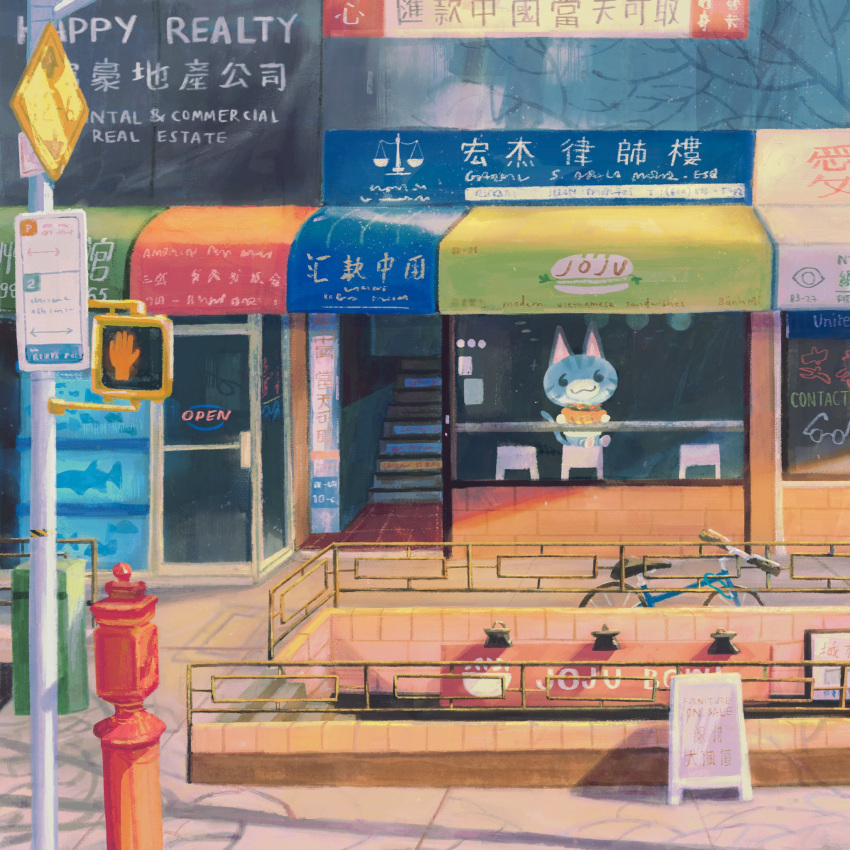 :3, animal_crossing, awning, bicycle, black_eyes, chair, closed_mouth, commentary