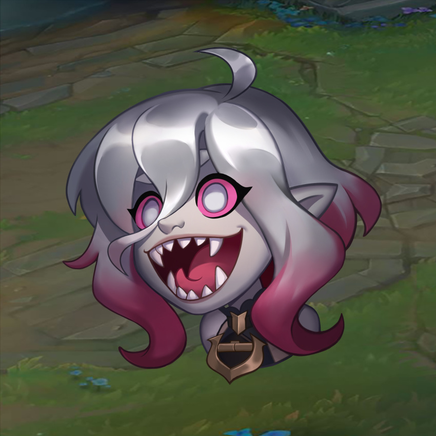 1girl, :d, ahoge, bare_shoulders, briar_(league_of_legends), colored_sclera, cropped_shoulders, fangs, grey_eyes, grey_hair, hair_between_eyes, highres, league_of_legends, official_art, open_mouth, outdoors, pink_hair, pink_sclera, sharp_teeth, smile, solo, stella_chen_yui, teeth, tongue