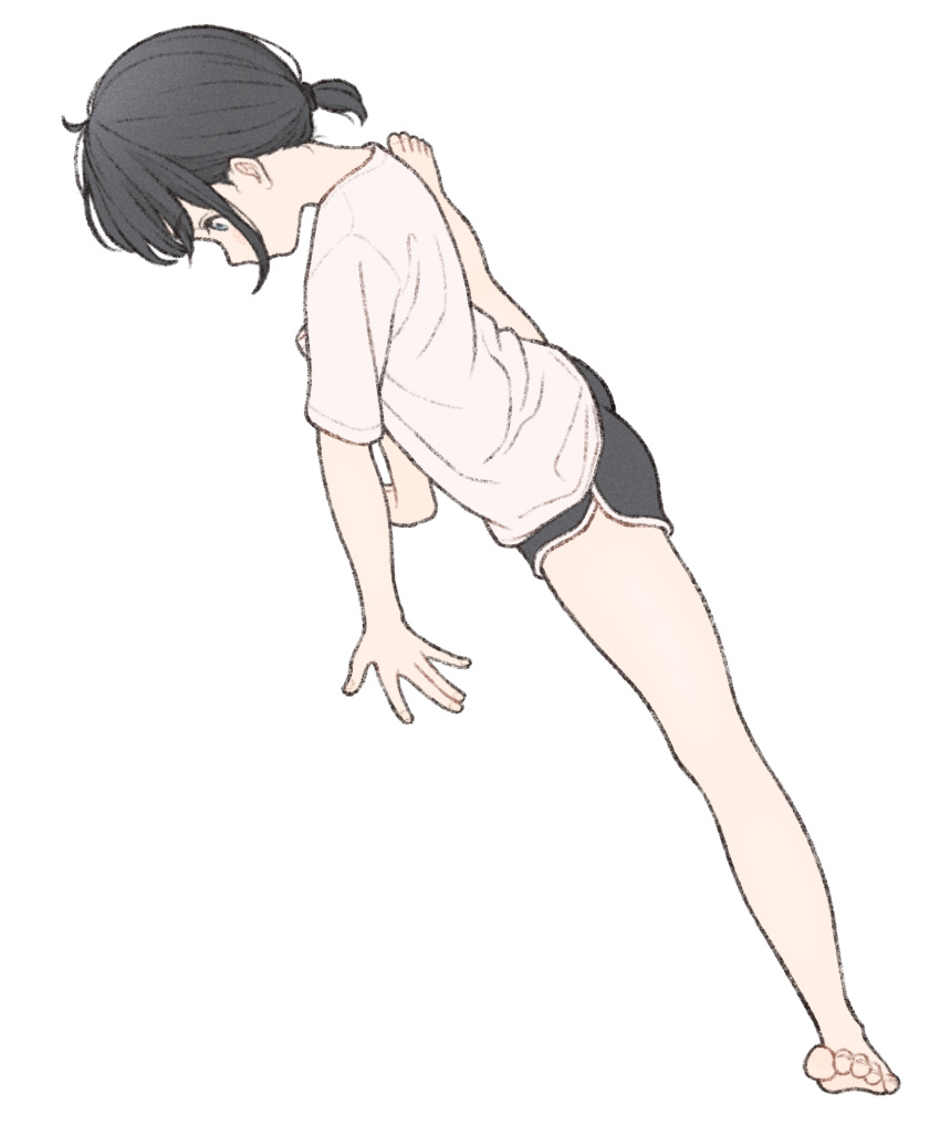 1girl, 1ssakawaguchi, ahoge, barefoot, black_shorts, expressionless, from_side, full_body