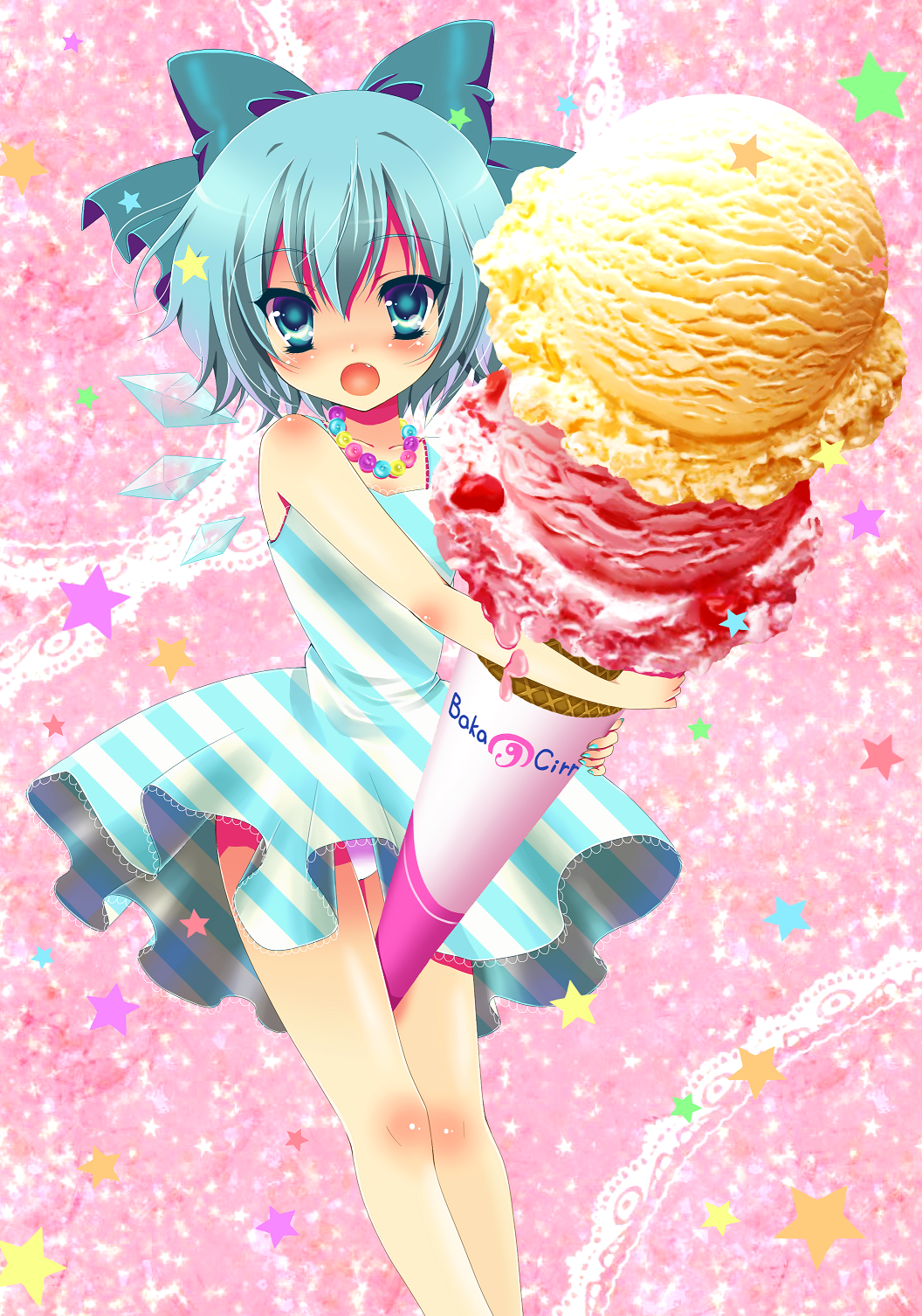 baskin-robbins, blue_eyes, blue_hair, bow, cirno, dress, fang, food