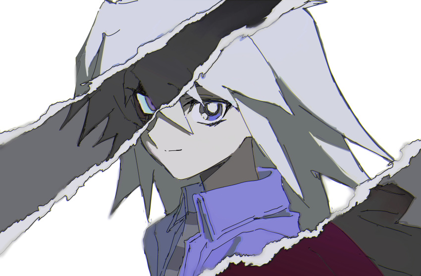 1boy, absurdres, bakura_ryou, blue_eyes, blue_shirt, buib_(mekako_chan), closed_mouth, collared_shirt