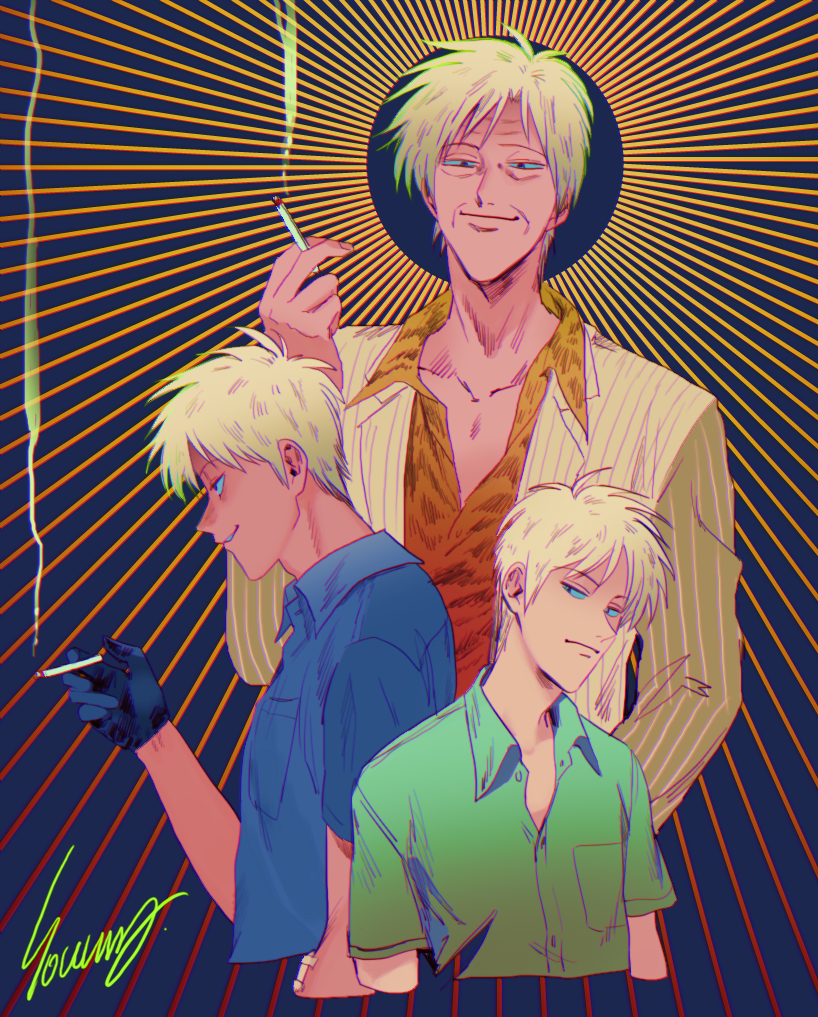 1boy, age_progression, akagi:_yami_ni_oritatta_tensai, akagi_shigeru, black_eyes, black_gloves, blue_shirt, cigarette, closed_mouth, collared_shirt, commentary_request, expressionless, gloves, green_shirt, holding, holding_cigarette, jacket, long_sleeves, looking_afar, looking_at_viewer, male_focus, old, old_man, orange_shirt, shirt, short_bangs, short_hair, short_sleeves, signature, smile, smoke, smoking, souma_(soumadian), striped, striped_jacket, sunburst, sunburst_background, ten_(manga), upper_body, vertical-striped_jacket, vertical_stripes, white_hair, white_jacket, wrinkled_skin