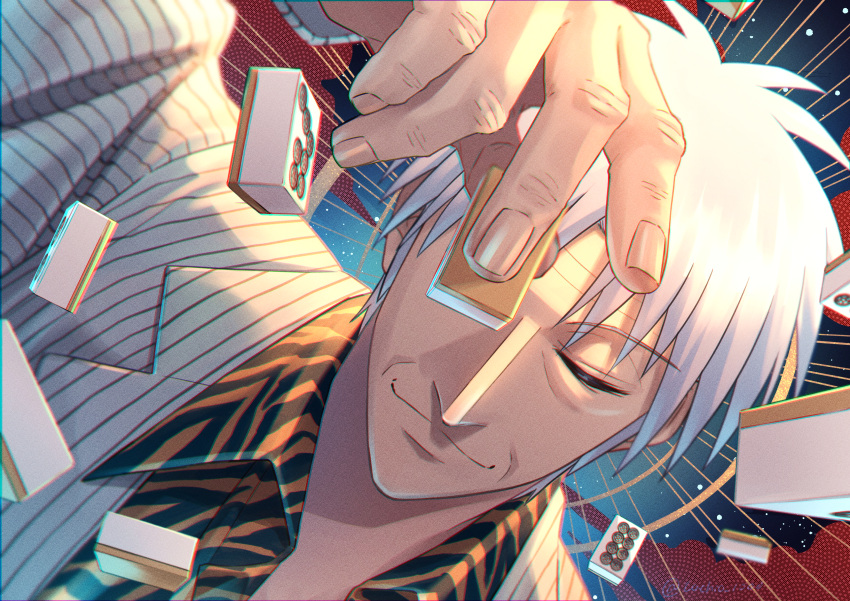 1boy, absurdres, akagi_shigeru, animal_print, blazer, closed_eyes, closed_mouth, collared_shirt, commentary_request, dutch_angle, fukumoto_nobuyuki_(style), highres, holding_mahjong_tile, jacket, mahjong, mahjong_tile, male_focus, medium_bangs, official_style, parody, pointy_nose, portrait, print_shirt, shirt, short_hair, smile, solo, striped, striped_jacket, style_parody, tachihiro1000, ten_(manga), tiger_print, vertical-striped_jacket, vertical_stripes, white_hair, white_jacket, wrinkled_skin