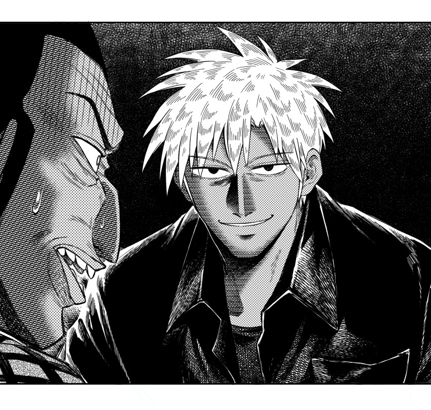 2boys, akagi:_yami_ni_oritatta_tensai, akagi_shigeru, collared_shirt, commentary_request, cowboy_shot, fukumoto_nobuyuki_(style), greyscale