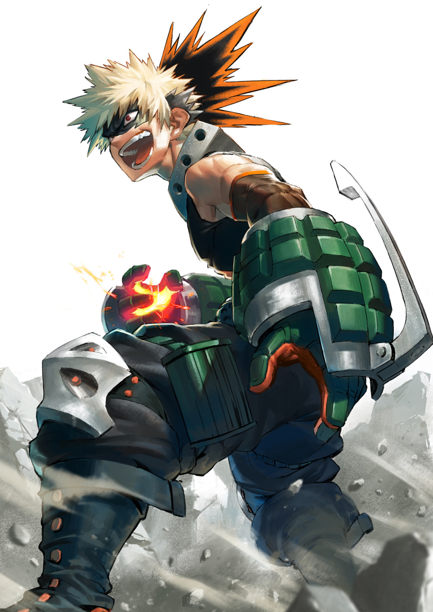1boy, arm_at_side, armpit_peek, bakugou_katsuki, black_footwear, black_pants, black_tank_top, blonde_hair