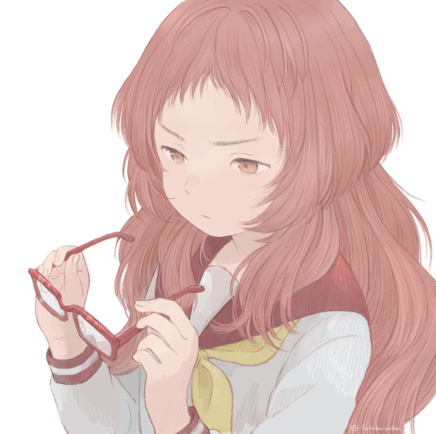 1girl, absurdres, artist_name, brown_eyes, brown_hair, closed_mouth, expressionless, eyewear_removed