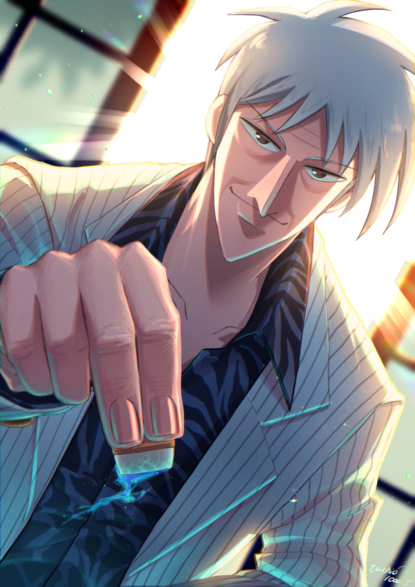 1boy, absurdres, akagi_shigeru, animal_print, blazer, blue_fire, closed_mouth, commentary_request