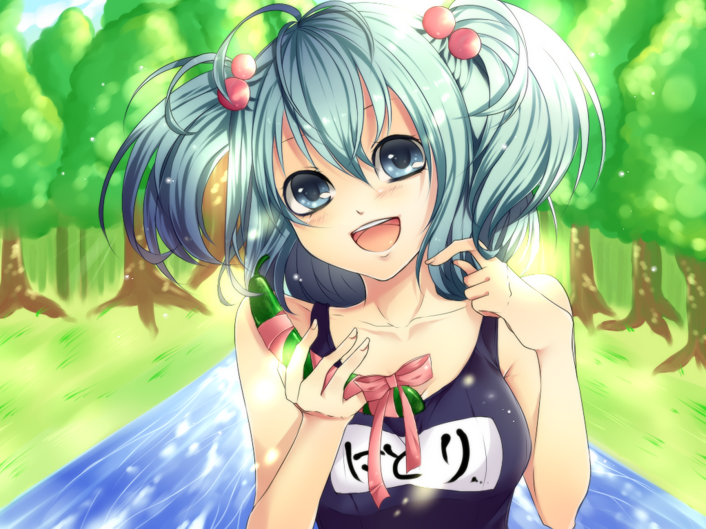 amese_hiyori, blue_eyes, blue_hair, hair_bobbles, hair_ornament, kawashiro_nitori, name_tag, one-piece_swimsuit, school_swimsuit, short_hair, solo, swimsuit, touhou, twintails