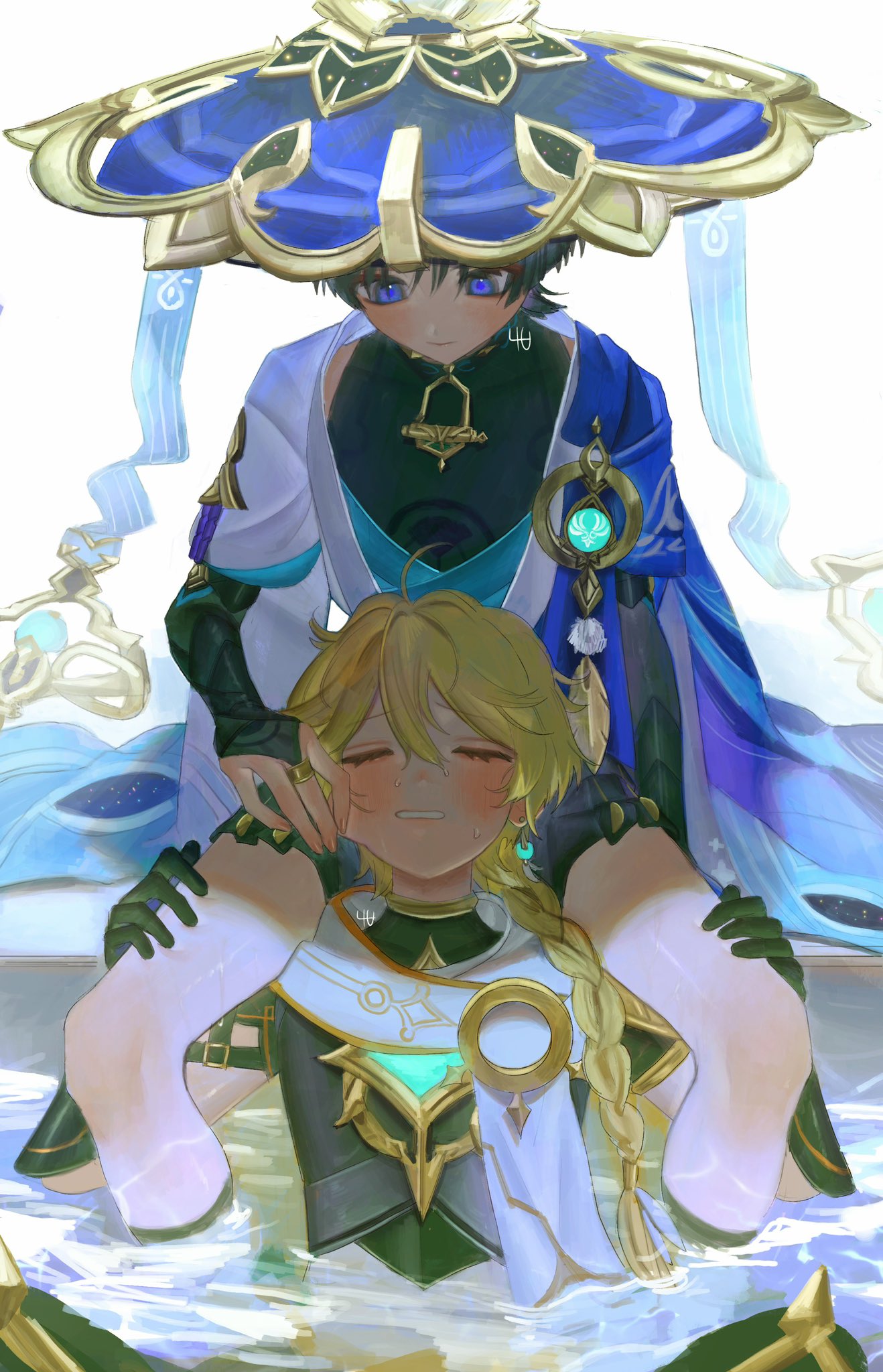 2boys, 4the2ofus, aether_(genshin_impact), bishounen, black_gloves, black_hair, blonde_hair, blue_eyes