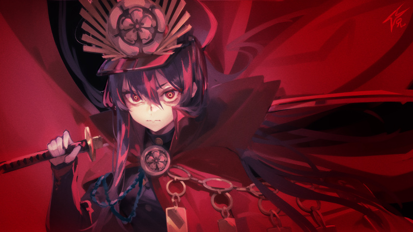 1girl, black_hair, cape, dynamitenatalia, family_crest, fate/grand_order, fate_(series), hair_between_eyes