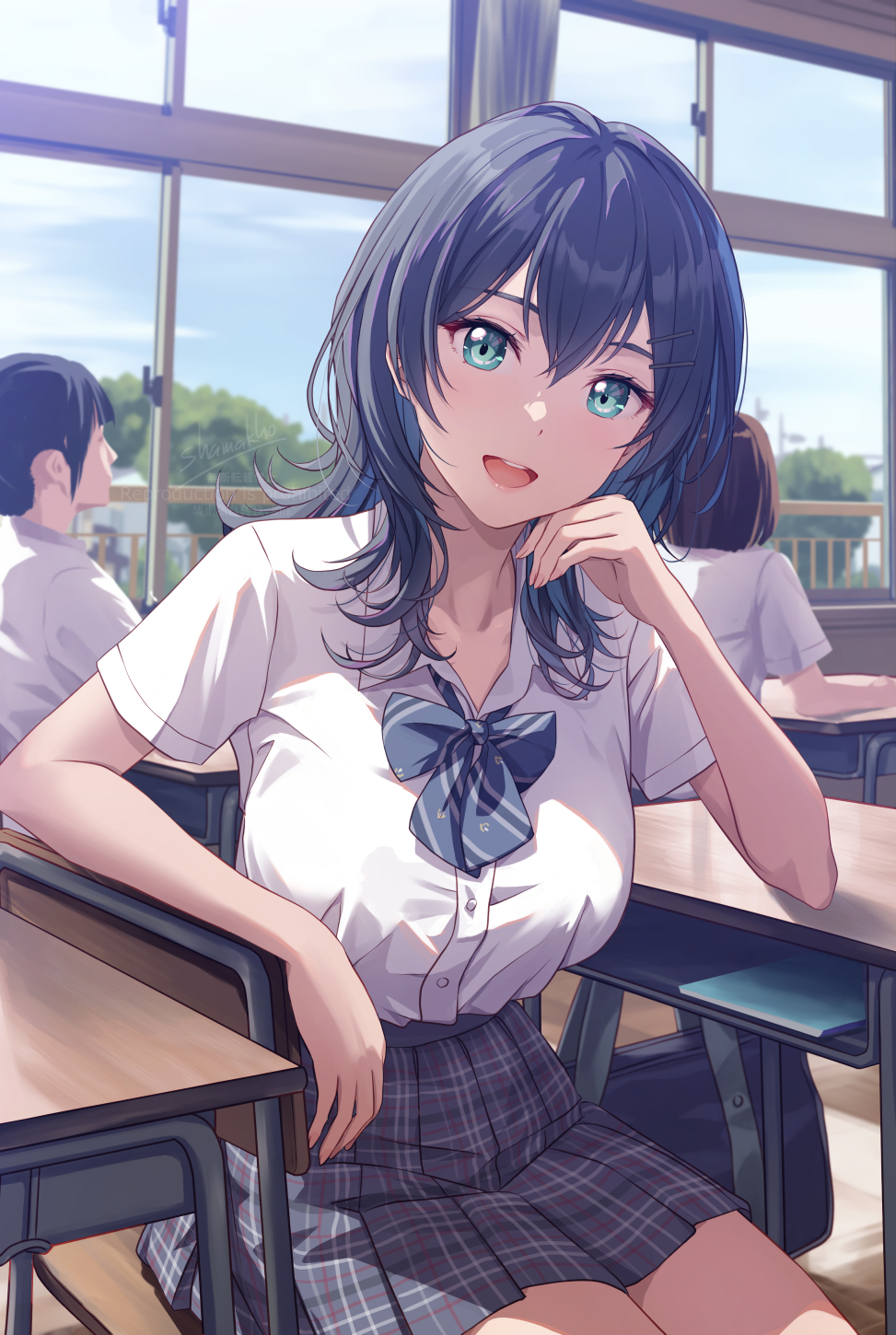 3girls, aqua_eyes, bag, black_hair, black_skirt, blue_hair, bow, bowtie