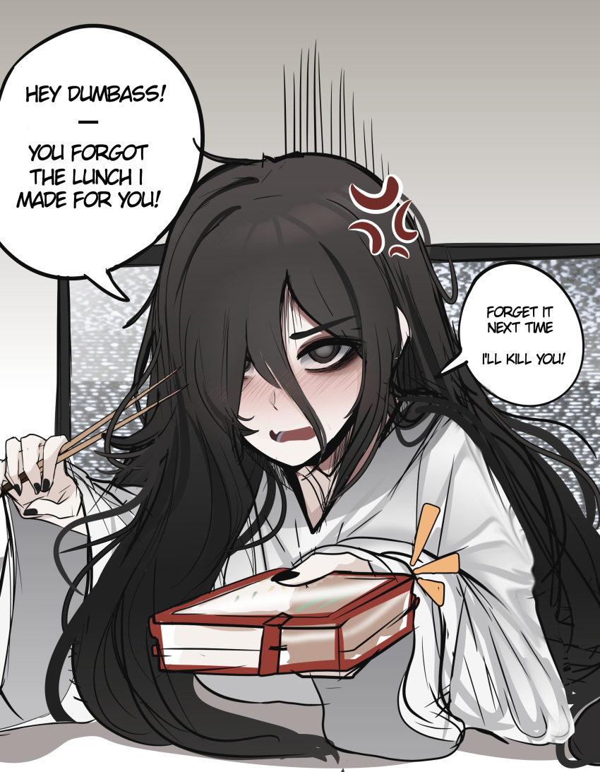 1girl, absurdres, anger_vein, black_hair, black_nails, blush, box, chopsticks