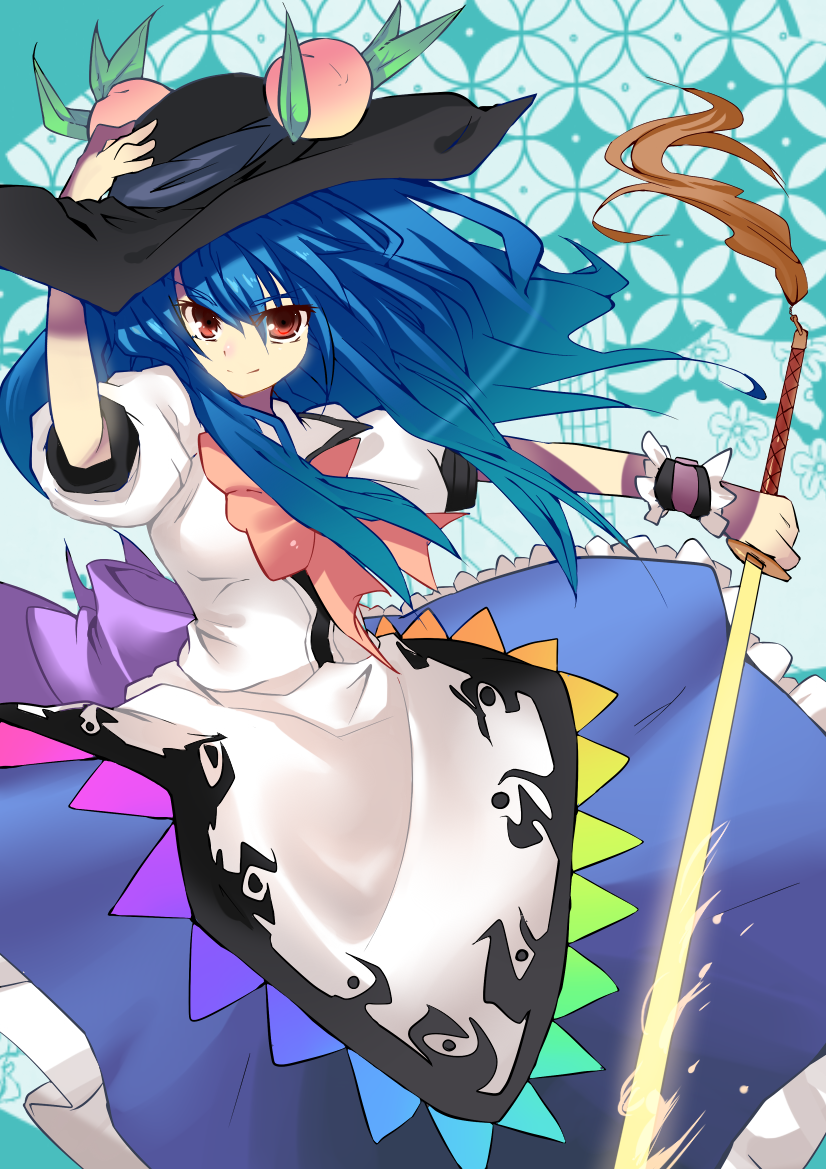 apron, bad_id, blue_hair, bow, food, fruit, garigarigari, hand_on_hat, hat, hinanawi_tenshi, long_hair, long_skirt, peach, red_eyes, skirt, smile, solo, sword, sword_of_hisou, touhou, weapon