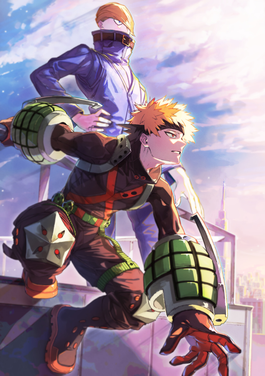 2boys, backlighting, bakugou_katsuki, bangs_pinned_back, belt, best_jeanist, black_footwear, black_gloves
