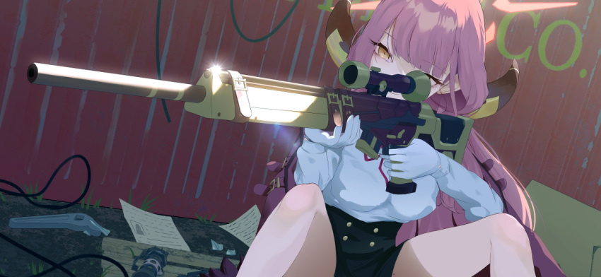 1girl, aiming, aru_(blue_archive), black_skirt, blue_archive, blunt_bangs, bow, bowtie