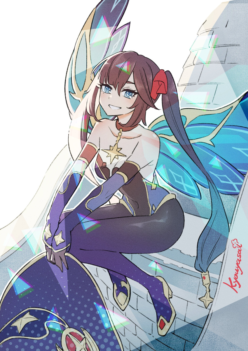1girl, absurdres, blue_eyes, blue_hair, blue_wings, blush, bow, genshin_impact