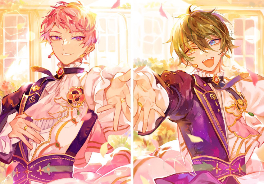 2boys, amanemio2, blue_eyes, earrings, ensemble_stars!, green_hair, heterochromia, idol_clothes