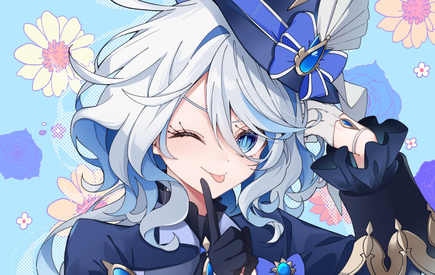 1girl, ;p, arm_up, asymmetrical_gloves, black_gloves, blue_background, blue_bow, blue_eyes