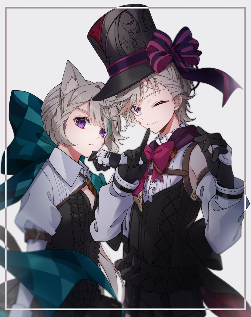 1boy, 1girl, :<, animal_ear_fluff, animal_ears, aqua_bow, aqua_hair, black_corset