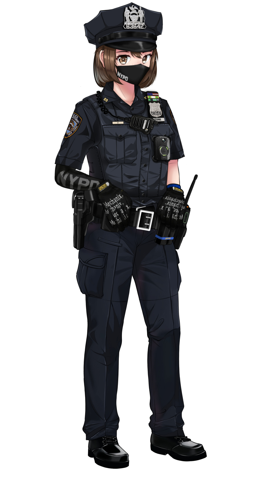 1girl, absurdres, arm_warmers, badge, belt, black_footwear, black_pants, black_shirt