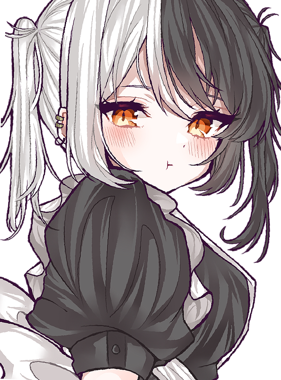 1girl, :t, apron, black_dress, black_hair, blush, breasts, closed_mouth