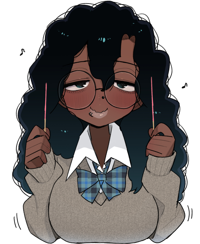 1girl, black_hair, blush, broccoli_(ohasi), dark-skinned_female, dark_skin, food, glasses