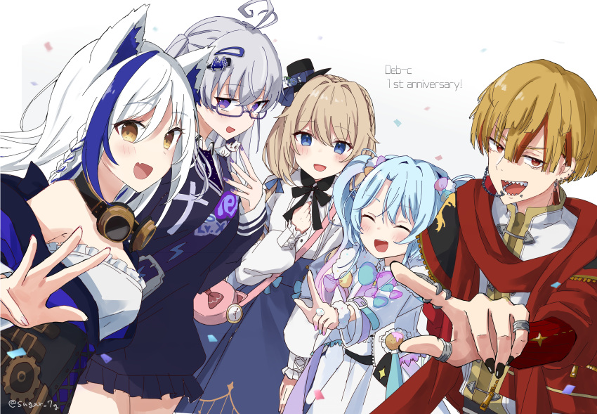 1boy, 4girls, absurdres, ahoge, anew_uparu, animal_ears, aomiya_yozuri, aqua_hair