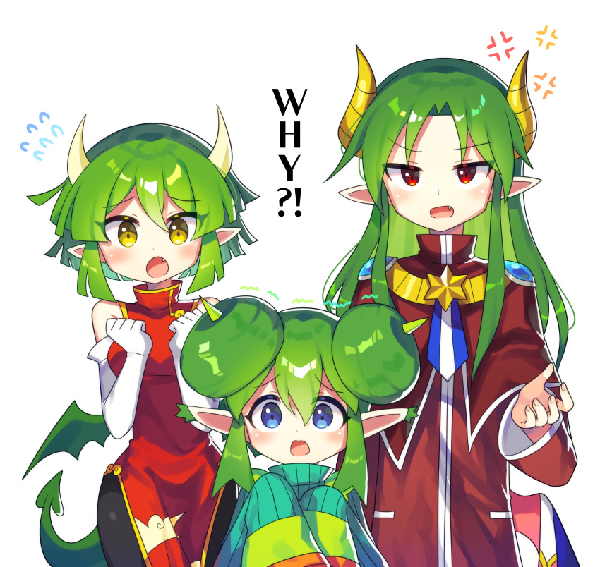 1boy, 2girls, absurdres, anger_vein, black_pants, blue_eyes, breasts, brown_eyes, china_dress, chinese_clothes, draco_centauros, dragon_girl, dragon_horns, dragon_tail, dragon_wings, dress, elbow_gloves, fang, flying_sweatdrops, gloves, grey_hair, highres, horns, lidelle_(puyopuyo), long_hair, long_sleeves, looking_at_viewer, medium_breasts, multiple_girls, offbeat, open_mouth, pants, pointy_ears, puyopuyo, red_dress, red_eyes, satan_(puyopuyo), short_hair, sleeveless, sleeveless_dress, tail, white_background, white_gloves, wings