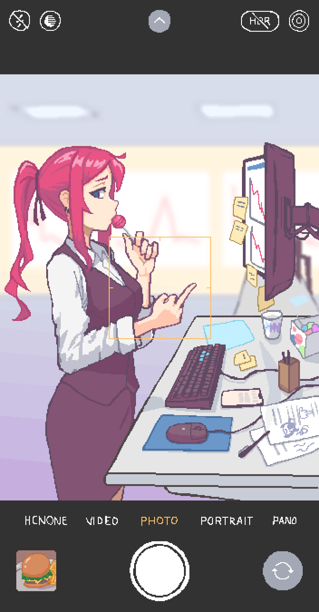 1girl, black_skirt, blue_eyes, breasts, candy, cellphone, closed_mouth, desk, ear_piercing, fake_screenshot, food, from_side, graph, hana_(hcnone), hcnone, highres, holding, holding_candy, holding_food, holding_lollipop, keyboard_(computer), large_breasts, lollipop, long_hair, long_sleeves, looking_at_viewer, middle_finger, monitor, mouse_(computer), mousepad_(object), office_lady, original, pencil_skirt, phone, piercing, pink_hair, pixel_art, ponytail, skirt, smartphone, solo, sticky_note