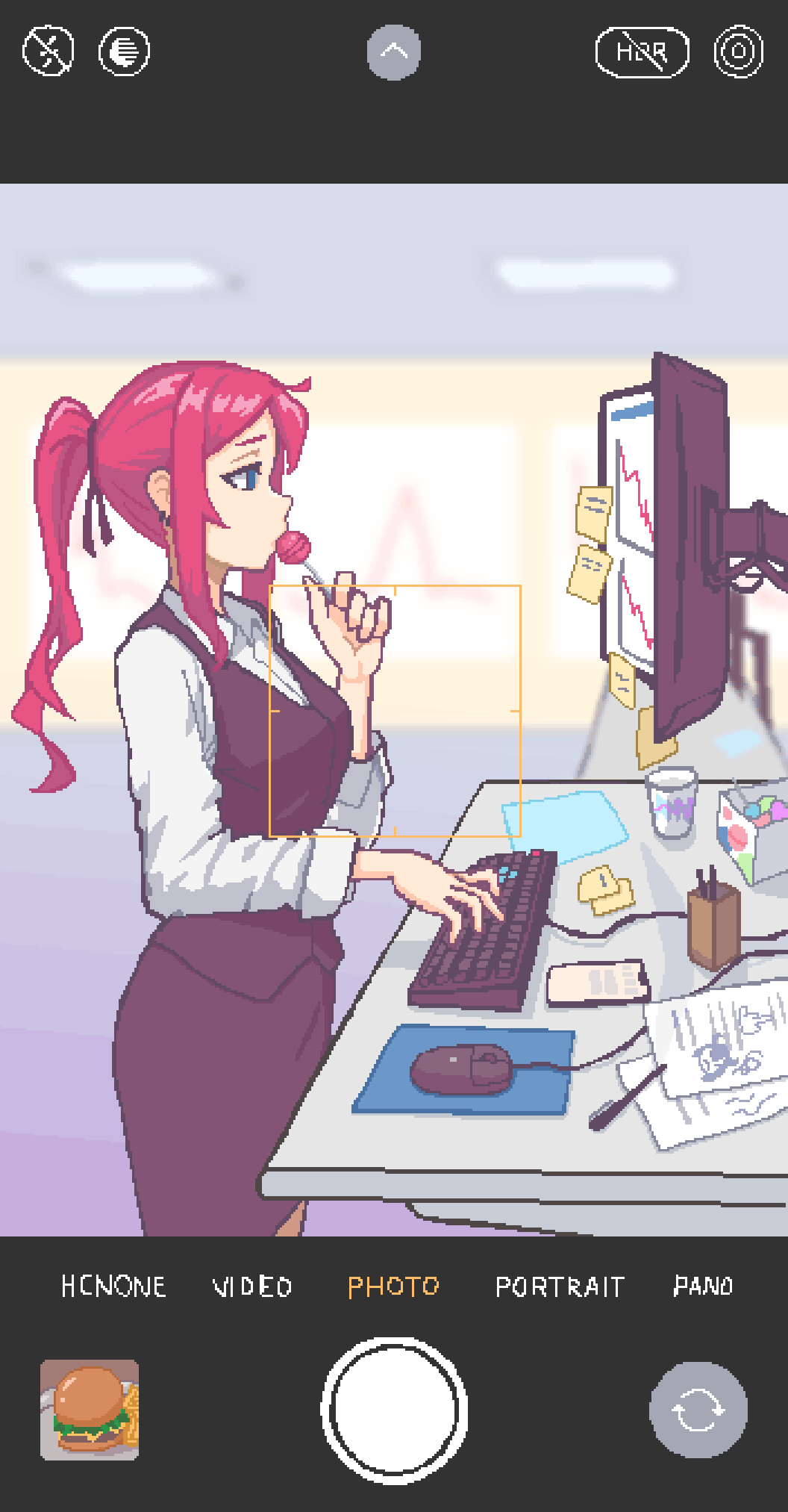 1girl, black_skirt, blue_eyes, breasts, candy, cellphone, closed_mouth, desk