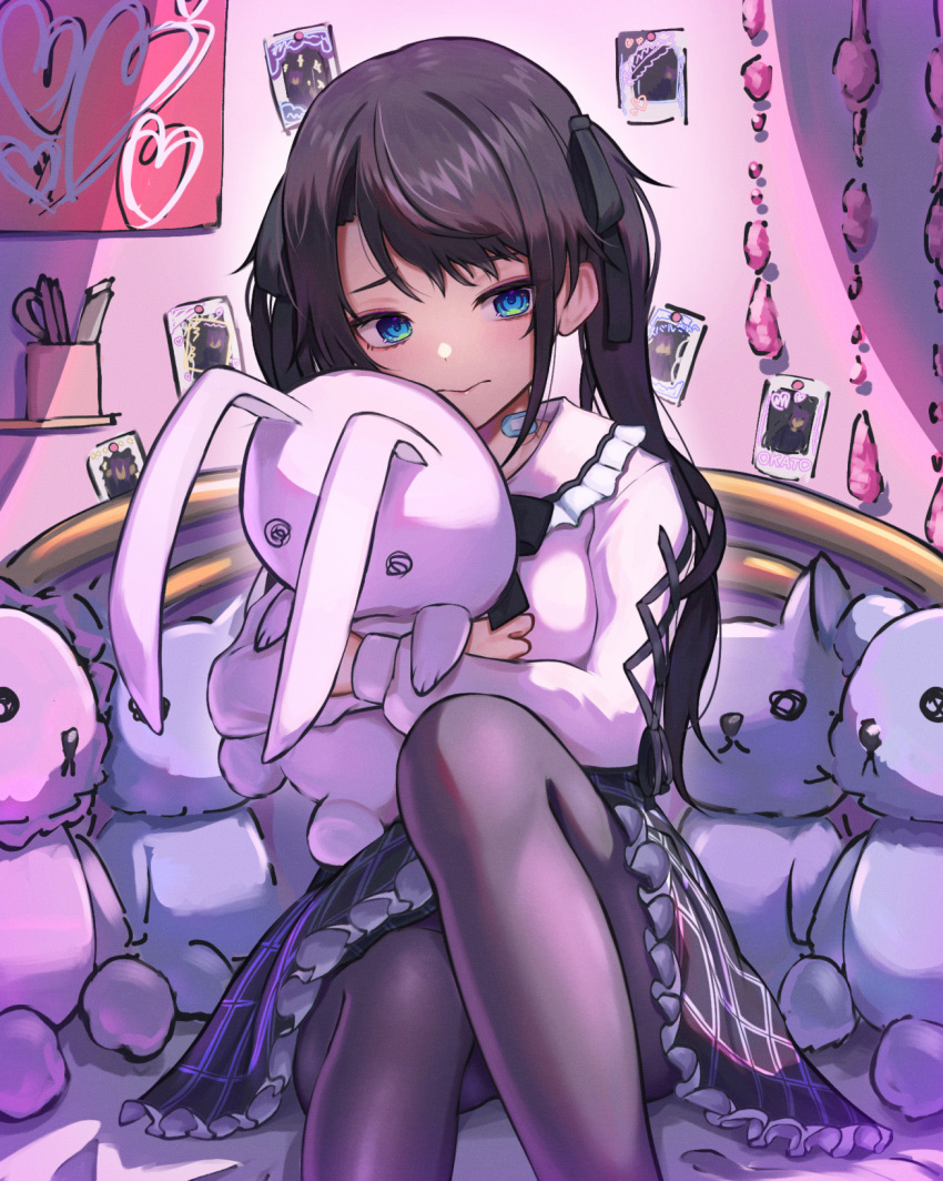 1girl, ao_ne, bandaid, bed, bed_frame, black_bow, black_hair, black_ribbon