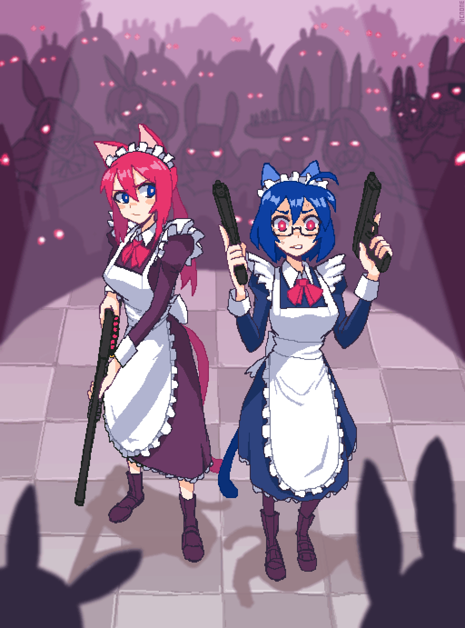 2girls, 6+others, ahoge, alternate_costume, animal_ears, apron, black-framed_eyewear, black_footwear